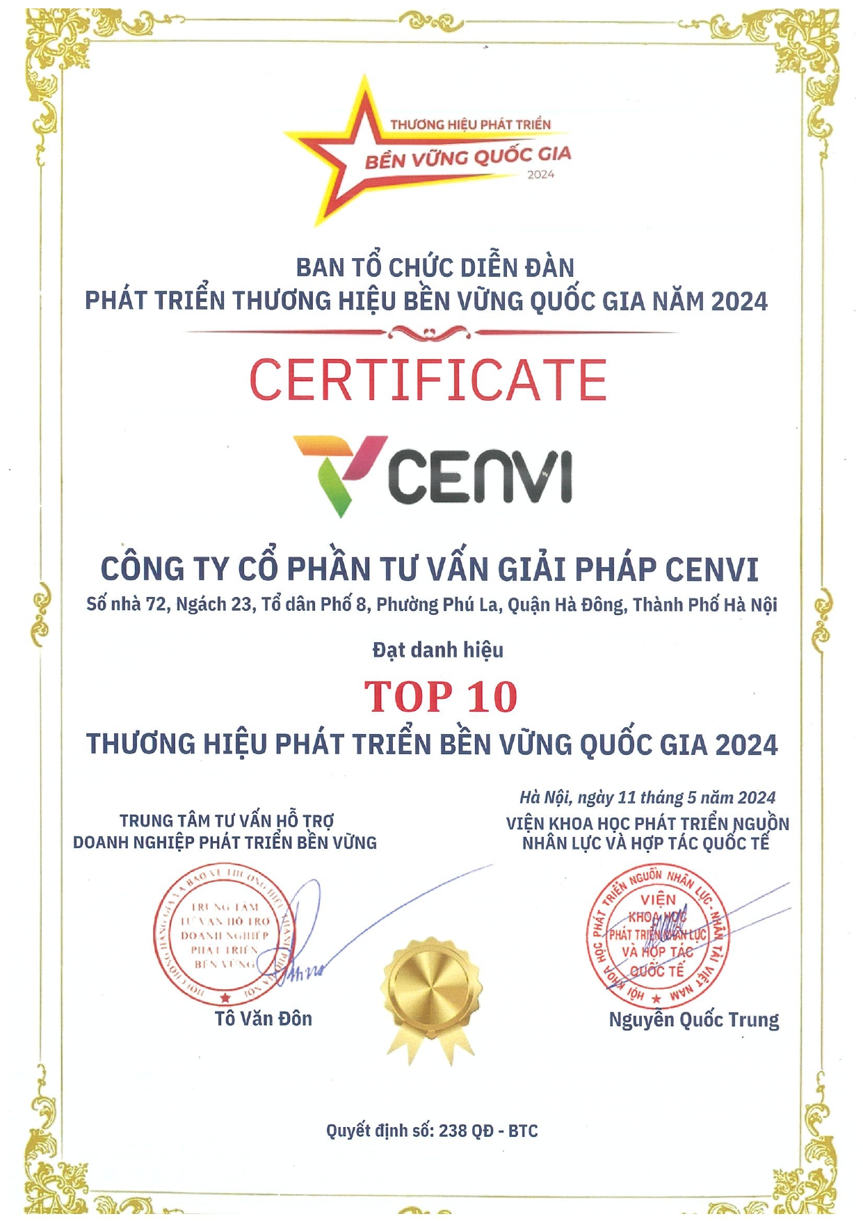 Bằng khen danh hiệu Top 10 Thương hiệu uy tín quốc gia năm 2024
