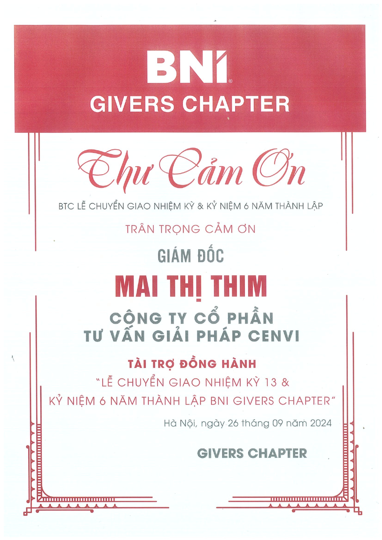 Chứng nhận Hội viên BNI