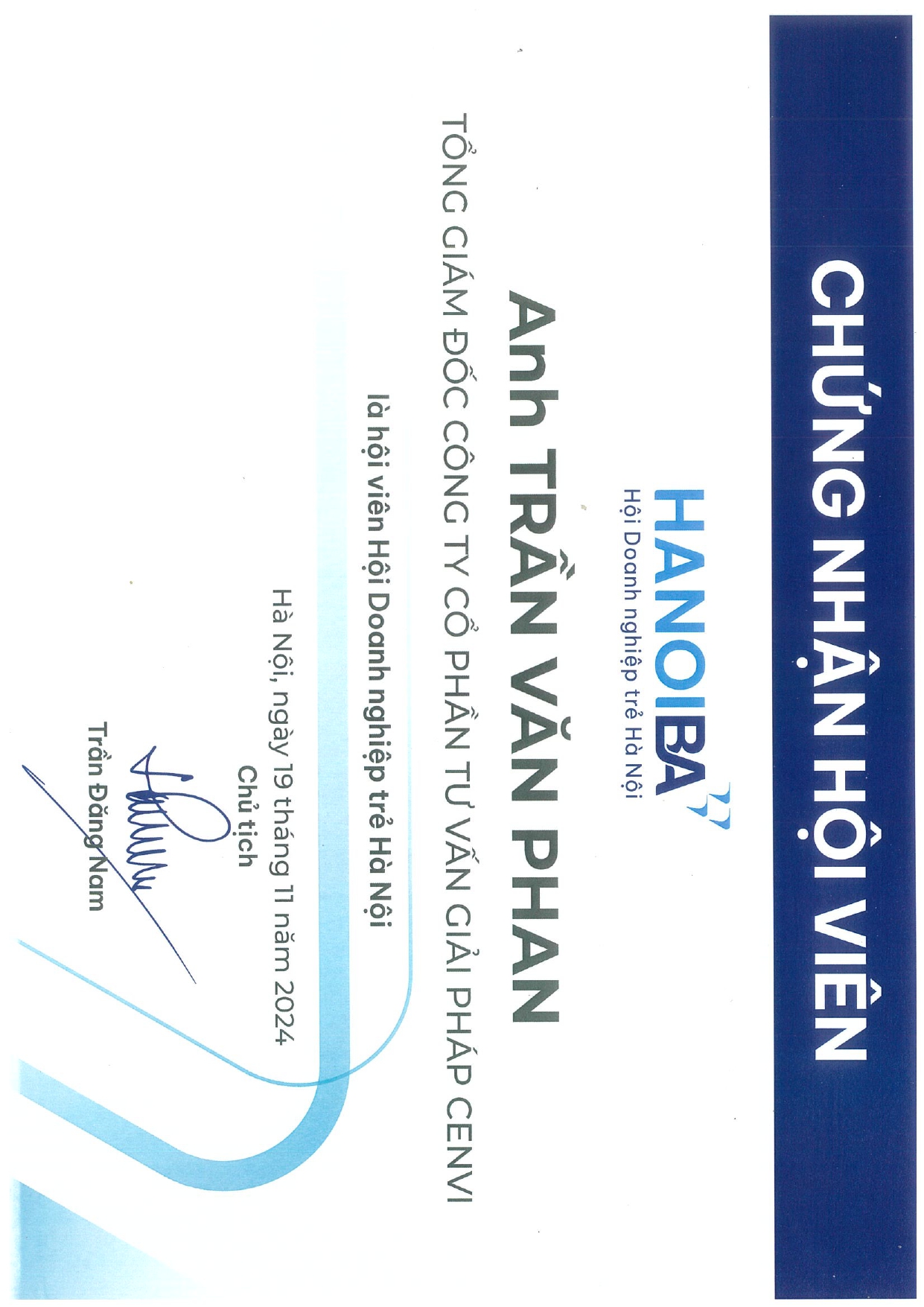 Chứng nhận Hội viên Hiệp hội Doanh nhân trẻ Hà Nội (HanoiBA)