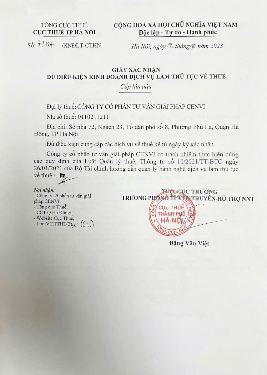 Giấy phép hành nghề Đại lý thuế - Bộ Tài chính cấp