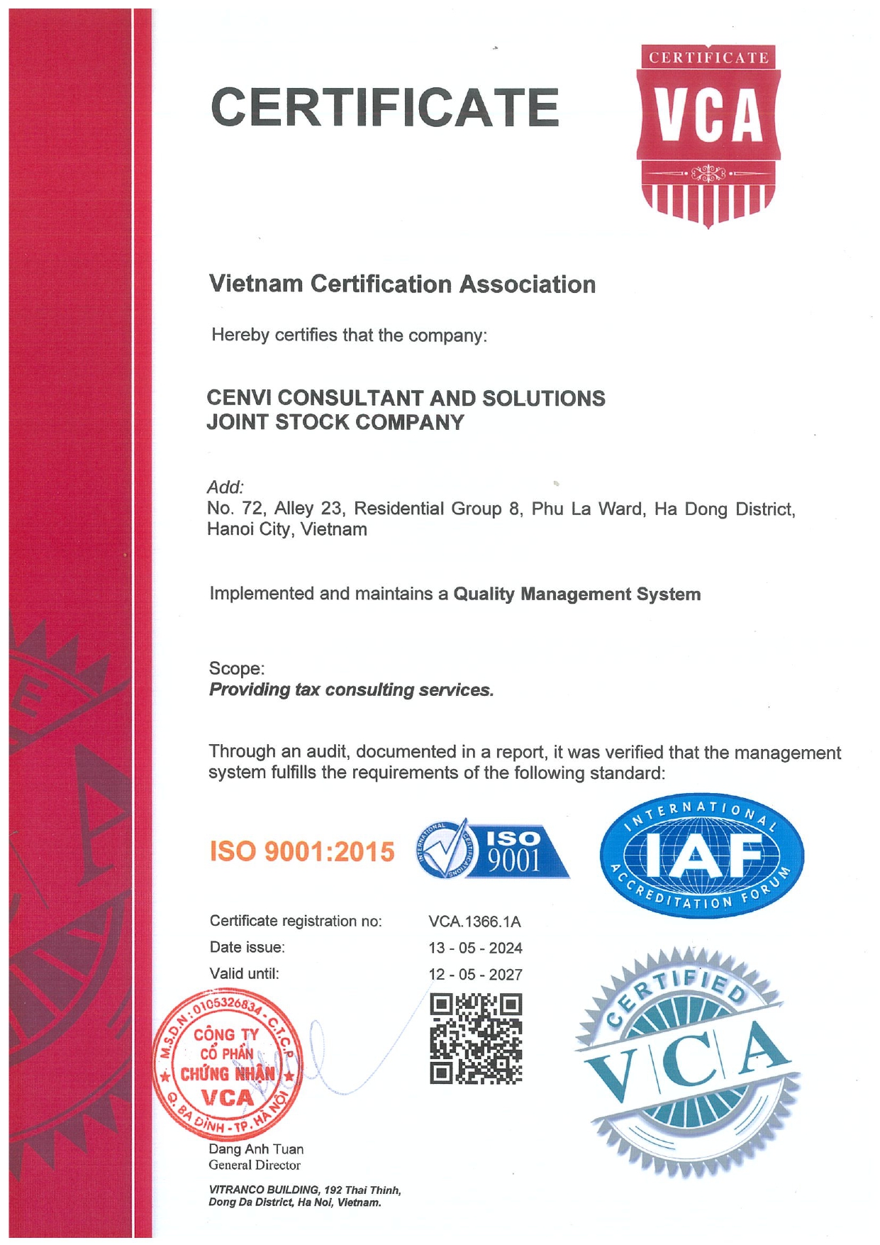 Chứng chỉ ISO (Bản tiếng Anh)